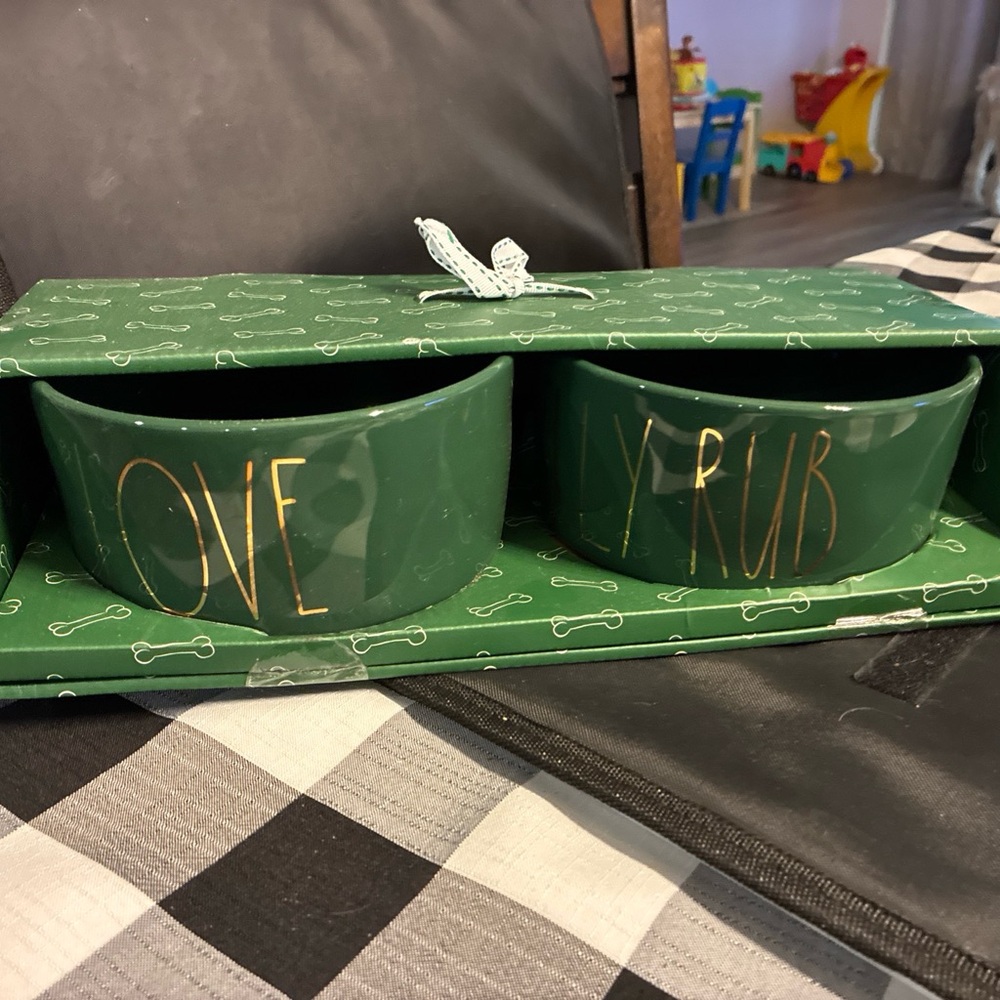 Green Ceramic Dog Bowls with Gold Lettering
